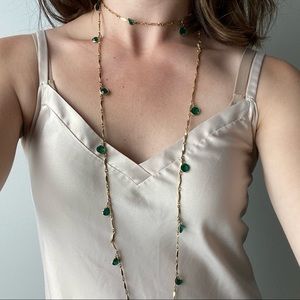 Extra long vintage gold and emerald green necklace